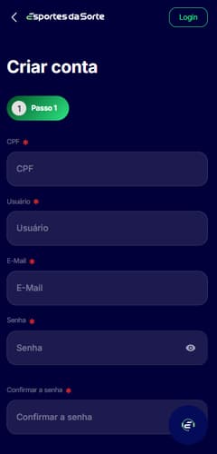 Formulário de cadastro na Esportes da Sorte com campos de informações pessoais