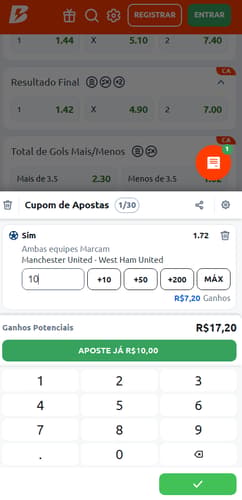 Cupom de apostas na Betano com palpite de R$10 para Sim em Manchester United x West Ham