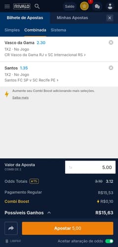 Captura de tela com uma aposta esportiva na Rivalo