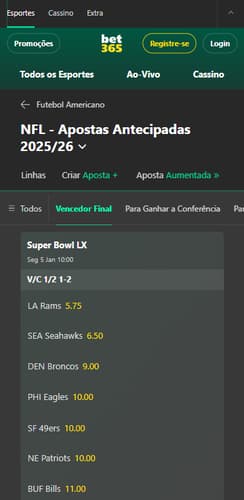 Mercado vencedor do Super Bowl na bet365