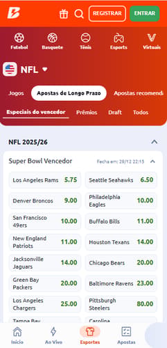 Odds de longo prazo Super Bowl na Betano