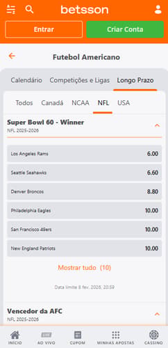Mercado Super Bowl LX na Betsson
