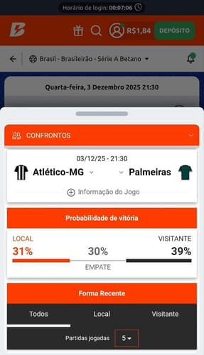 Estatísticas de Atlético-MG x Palmeiras com probabilidades semelhantes para os resultados na Betano