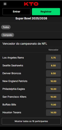Tela de apostas longo prazo Super Bowl na KTO