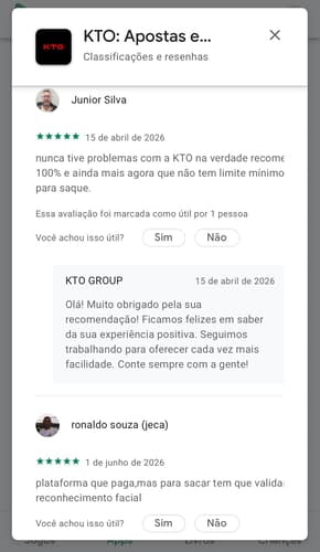 Captura da tela de avaliações do app da KTO na Play Store.