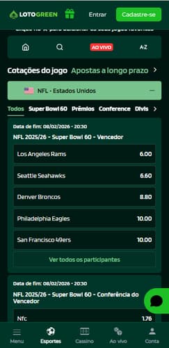 Apostas longo prazo Super Bowl na Lotogreen