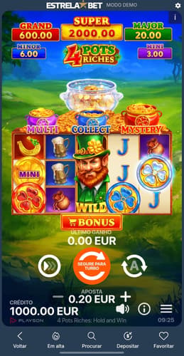 Captura de tela da sessão de jogo no 4 Pots Riches Hold and Win no site oficial da EstrelaBet.