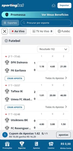 Captura de tela da seção de apostas esportivas ao vivo na Sportingbet.