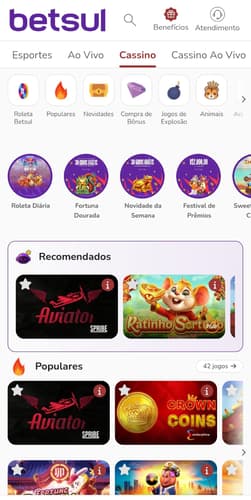 Captura dos jogos recomendados e populares no site oficial da Betsul.