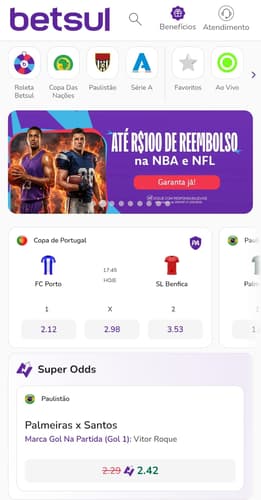 Captura de tela da página de apostas esportivas na Betsul com jogos da semana.