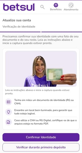 Captura de tela da verificação de identidade obrigatória no site da Betsul.