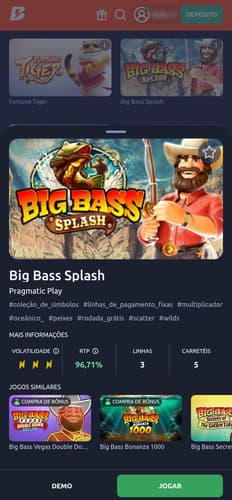 Captura de tela do slot com RTP aumentado Big Bass Splash na Betano.