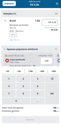 Captura de tela de uma aposta sendo feita no app da Sportingbet na Copa do Mundo.