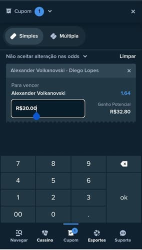 Bilhete de aposta simples no UFC pela Stake
