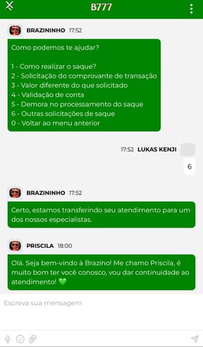 Captura da tela de atendimento da Brazino777 via chat ao vivo.