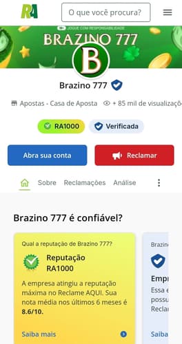 Captura de tela da página da Brazino777 no Reclame Aqui exibindo o selo de confiabilidade RA1000.