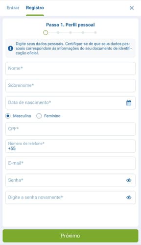 Captura da tela de cadastro sem o código 1xbet.