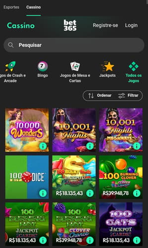 Captura de tela da página de cassino online da bet365