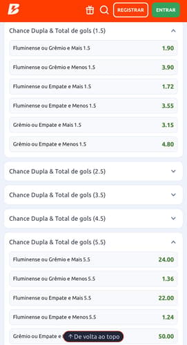 Captura de tela do mercado de Chance Dupla combinado com Total de Gols na Betano.