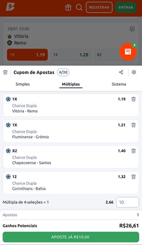 Captura de tela mostra apostas múltiplas com Chance Dupla na Betano.