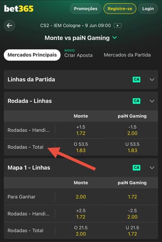Captura da tela do mercado de Total de Rodadas na bet365 em CS2.