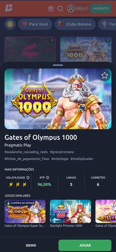 Captura de tela do jogo do velho do raio Gates of Olympus do cassino Betano.