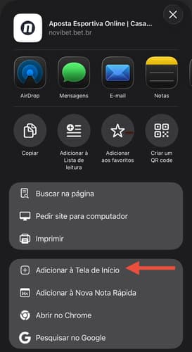 Captura da tela de atalho no Novibet app para iOS.