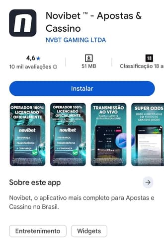 Captura de tela do Novibet app na Play Store.