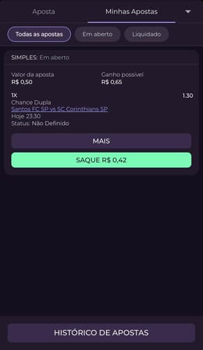 Captura da tela de cash out na Realsbet.