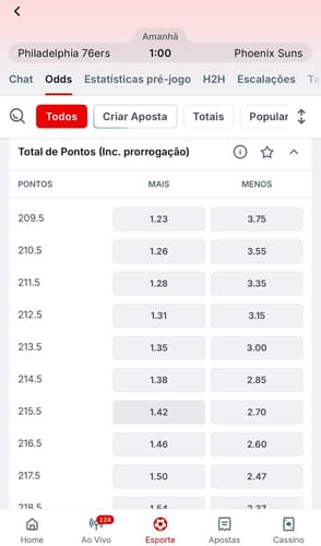 Captura de tela do mercado Total de Pontos na Superbet.
