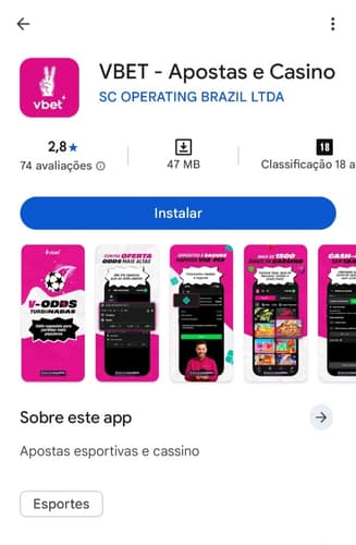 Captura de tela do Vbet App na Play Store.