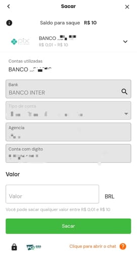 Captura de tela da página de saque na Betsson com informações de valor para saque e quantia mínima permitida.