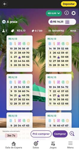 Captura de tela do jogo A Praia na seção de jogos de bingo da bet365, exibindo cartelas e prêmios de apostas.