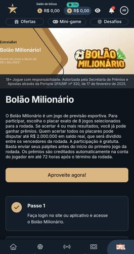 Captura de tela da oferta de Bolão Milionário da Estrela bet com até R$2.000.000 em prêmios para acertar placares.