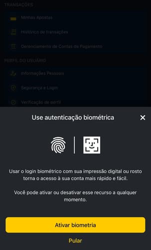 Captura da tela de ativação de biometria e reconhecimento facial na GingaBet.