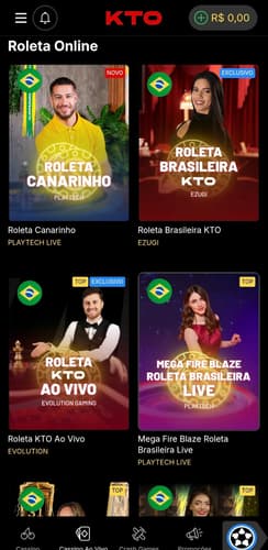 Captura de tela dos jogos de roleta brasileira no cassino da KTO.