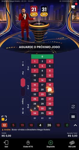 Captura de tela da Mega Roleta Brasileira durante uma seção de apostas no cassino da KTO.