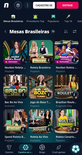 Captura de tela da Novibet, um cassino com roleta brasileira e outras mesas ao vivo.