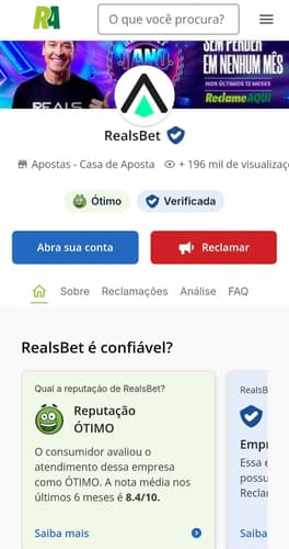 Captura de tela da Reals Bet no Reclame Aqui exibindo a nota de 8,4/10 nos últimos 6 meses.