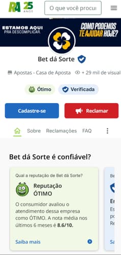 Perfil da Bet da Sorte no Reclame Aqui com reputação ótima e nota 8.6/10