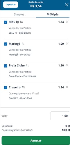Bilhete de aposta múltipla em jogos de vôlei na Sportingbet com odds combinadas