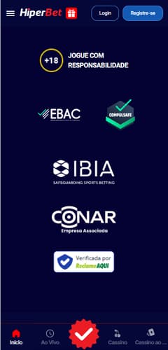  Selos de segurança no rodapé da HiperBet incluindo IBIA e CONAR