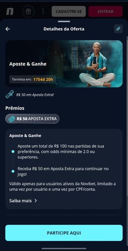 Captura de tela da oferta Aposte & Ganhe da Novibet com as regras de participação para apostar em futebol.