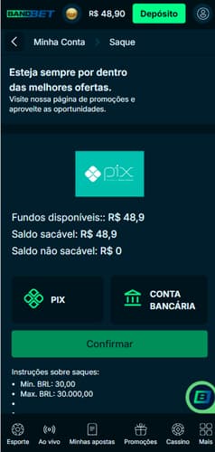 Página de saque na BandBet com opção de Pix e transferência bancária