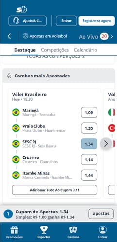 Página de vôlei na Sportingbet com os combos mais apostados da Superliga