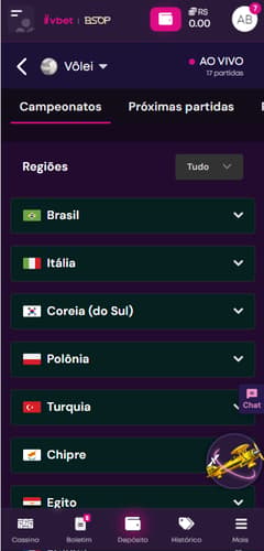Tela da Vbet mostrando campeonatos de vôlei disponíveis para apostas por região
