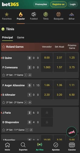 Captura de tela da seção de apostas ao vivo na bet365 com os mercados e jogos em andamento.