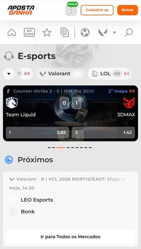 Captura de tela da Aposta Ganha exibindo um jogo do Valorant para apostar.