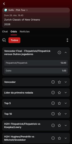 Captura de tela de uma aposta em golfe na Superbet.