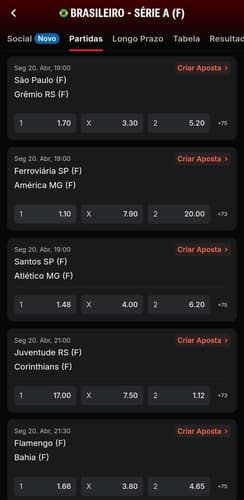 Captura de tela das apostas no Campeonato Brasileiro Feminino na Superbet